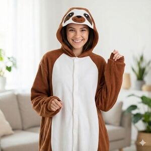 NWT NEWCOSPLAY Sloth Kigurumi Onesie Pajamas Adult Costume Fleece Button Up